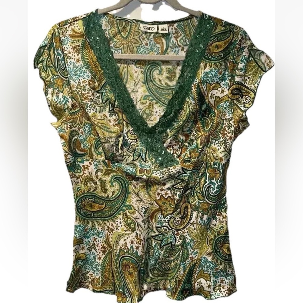 Y2K CATO Womens Paisley‎ Ruffle Short Sleeve Blouse Sequence Floral Top Size Med